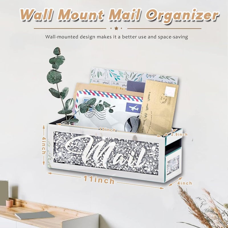 WALTSOM Crushed Diamond Mail Organizer, Crystal Mail Organizer Countertop, Mirror Letter Holder, Mail Tray, Mail Holder Box for Desk, Mail Holder for Wall - Image 3